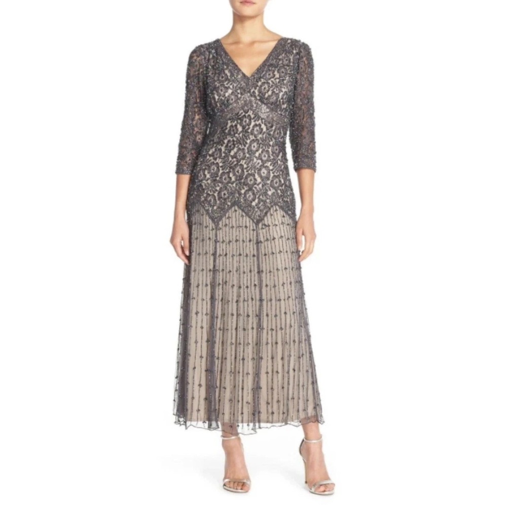 Pissaro Nights Beaded V Neck Mesh 3/4 Sleeve Gown Slate Gray Sz 4 Msrp $248